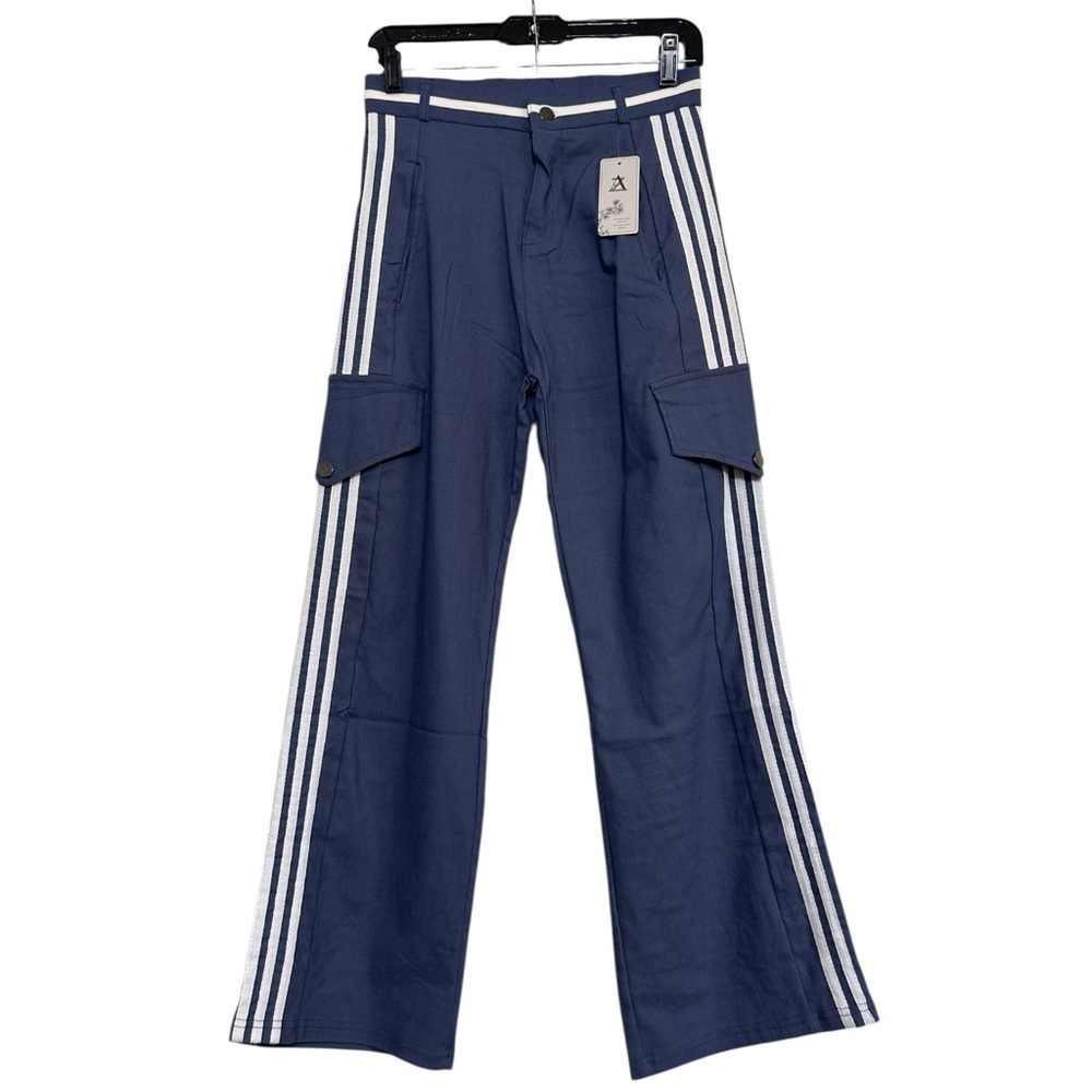 Wide Leg Blue Faux Pocket Cargo Pants with White Stripes and Pockets